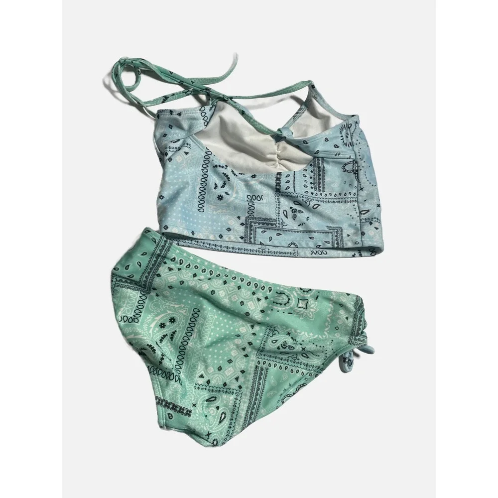 Art Class Bikini Swimsuit Kids L 10/12 Blue Green Bandana Paisley Two Piece Set